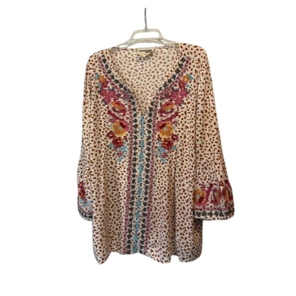 Savanna Jane Womens Leopard Floral Embroidered Boho Bell Sleeve Tunic 1X EUC